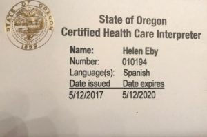 Helen's Oregon Certified Health Care Interpreter card